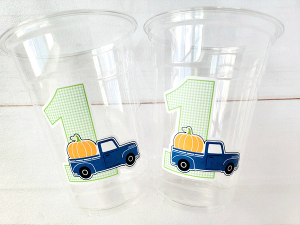 BLUE PUMPKIN TRUCK Cups - Fall Party Cups Truck Birthday Pumpkin Cups Little Pumpkin 1st Birthday Pumpkin Truck Birthday Decoration Fall Cup