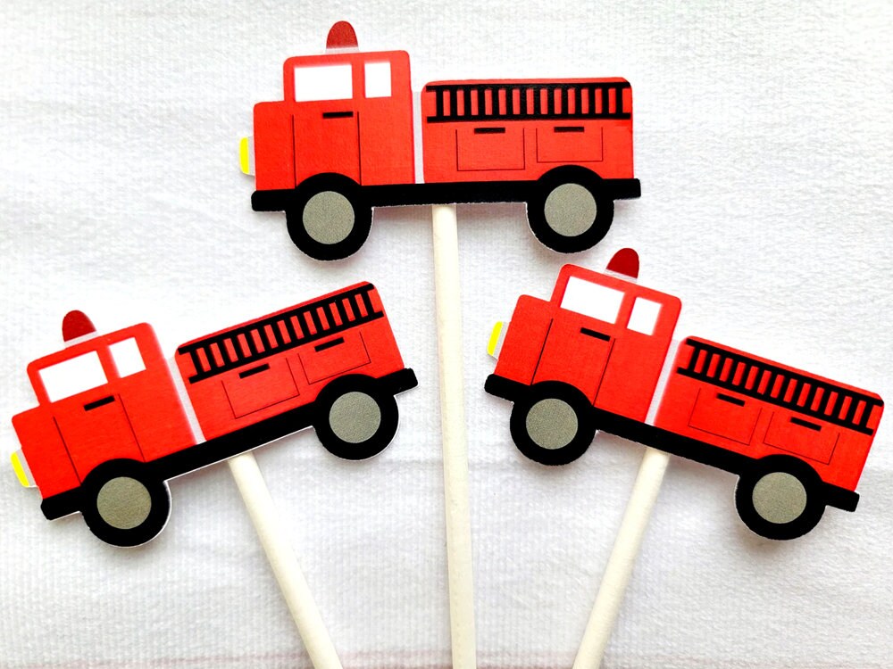 Firetruck Cupcake Toppers Firetruck Birthday Party Firetruck Party Decorations Firetruck Cake Toppers Firetruck Cupcake Picks Fireman Party