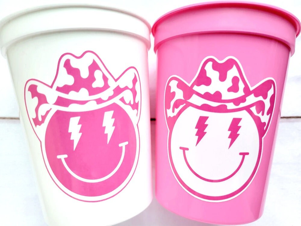 COWGIRL HAPPY FACE Cups Cowgirl Cups Cowgirl Party Favor Cowgirl Bachelorette Party Cowgirl Birthday Rodeo Party Cow Print Hat Cups Disco