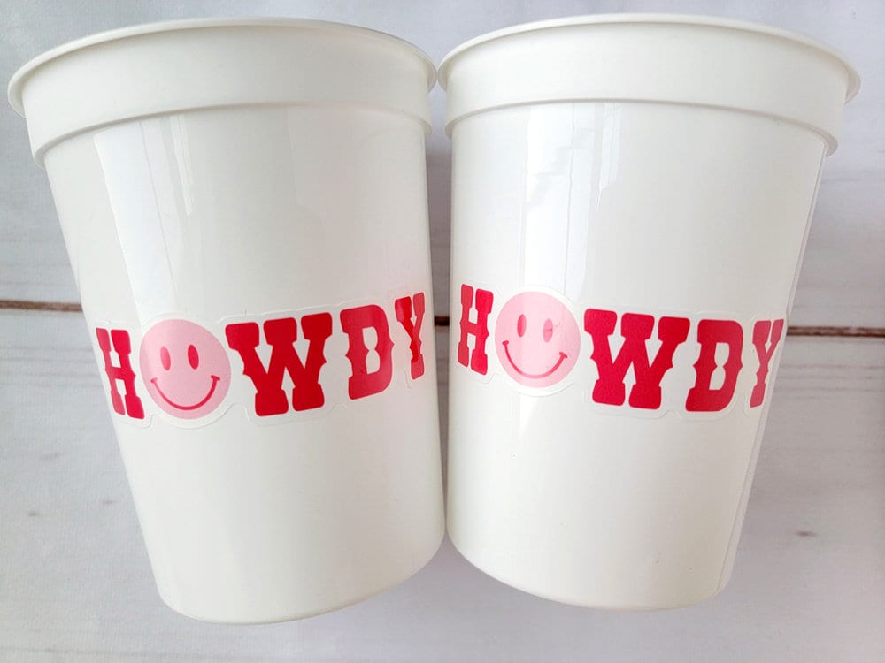 COWGIRL PARTY CUPS Cowgirl Cups Cowgirl Party Decorations Cowgirl Bachelorette Party Cow Print Hat Happy Face Rodeo Howdy Let's Go Girls