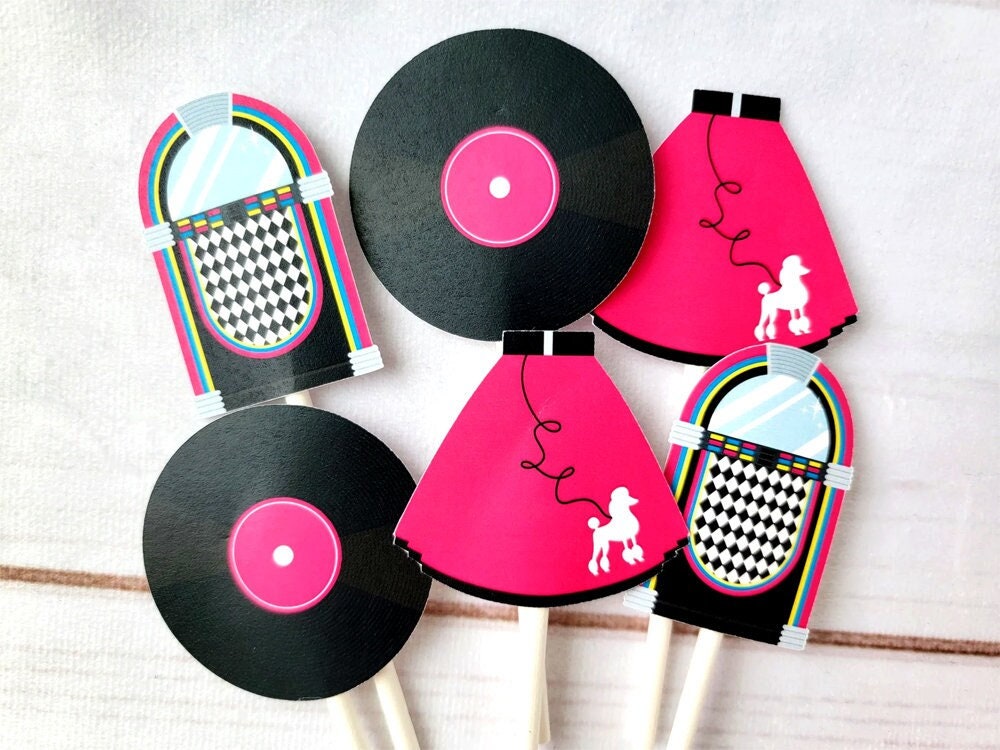 50's Cupcake Toppers, Poodle Skirt Cupcake Toppers, Jukebox Cupcake Toppers