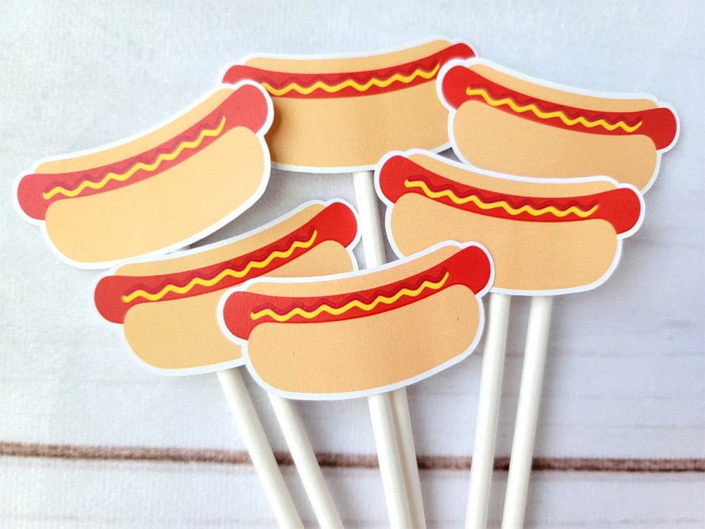 Hot Dog Cupcake Toppers, Hot Dog Decorations, Hot Dog Birthday Party