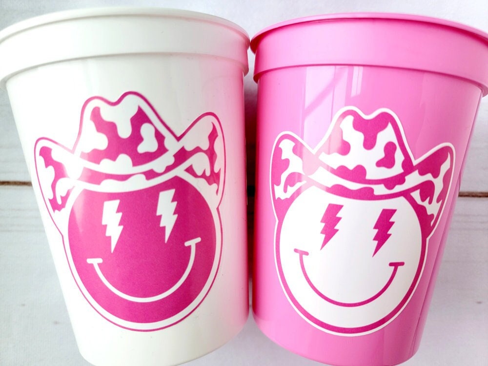 COWGIRL HAPPY FACE Cups Cowgirl Cups Cowgirl Party Favor Cowgirl Bachelorette Party Cowgirl Birthday Rodeo Party Cow Print Hat Cups Disco