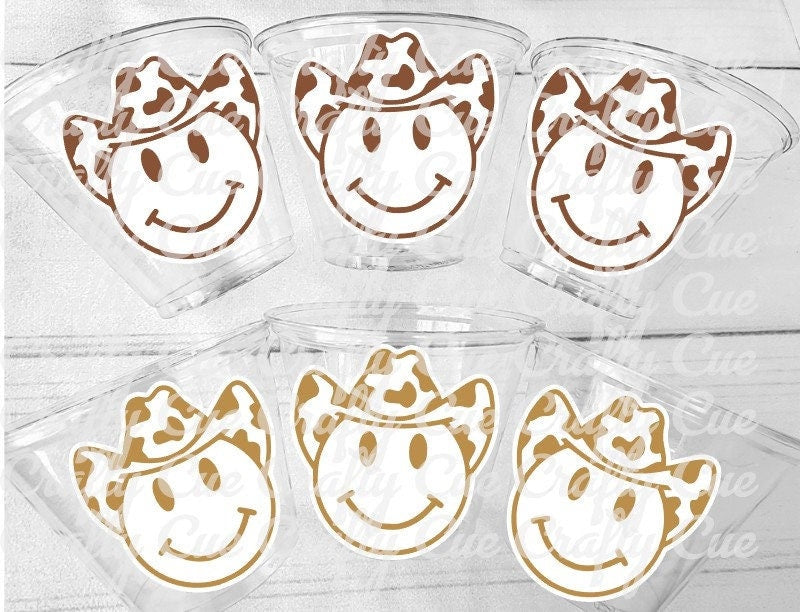 COWBOY PARTY CUPS - Cowgirl Cups Cowgirl Party Decorations Cowgirl Bachelorette Cow Print Hat Happy Face Cups Cowgirl Rodeo Party Cups