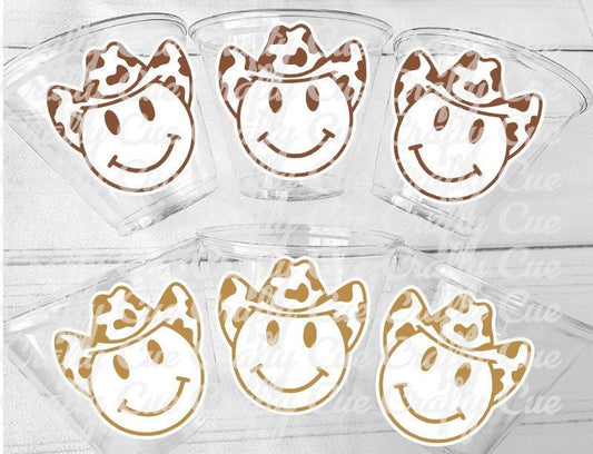 COWBOY PARTY CUPS - Cowgirl Cups Cowgirl Party Decorations Cowgirl Bachelorette Cow Print Hat Happy Face Cups Cowgirl Rodeo Party Cups