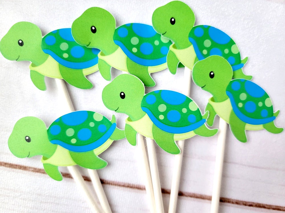 Turtle Cupcake Toppers - Turtle Birthday - Turtle Baby Shower - Under The Sea Cupcake Toppers - Blue and Green Turtle (528171019A)