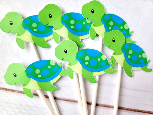 Turtle Cupcake Toppers - Turtle Birthday - Turtle Baby Shower - Under The Sea Cupcake Toppers - Blue and Green Turtle (528171019A)