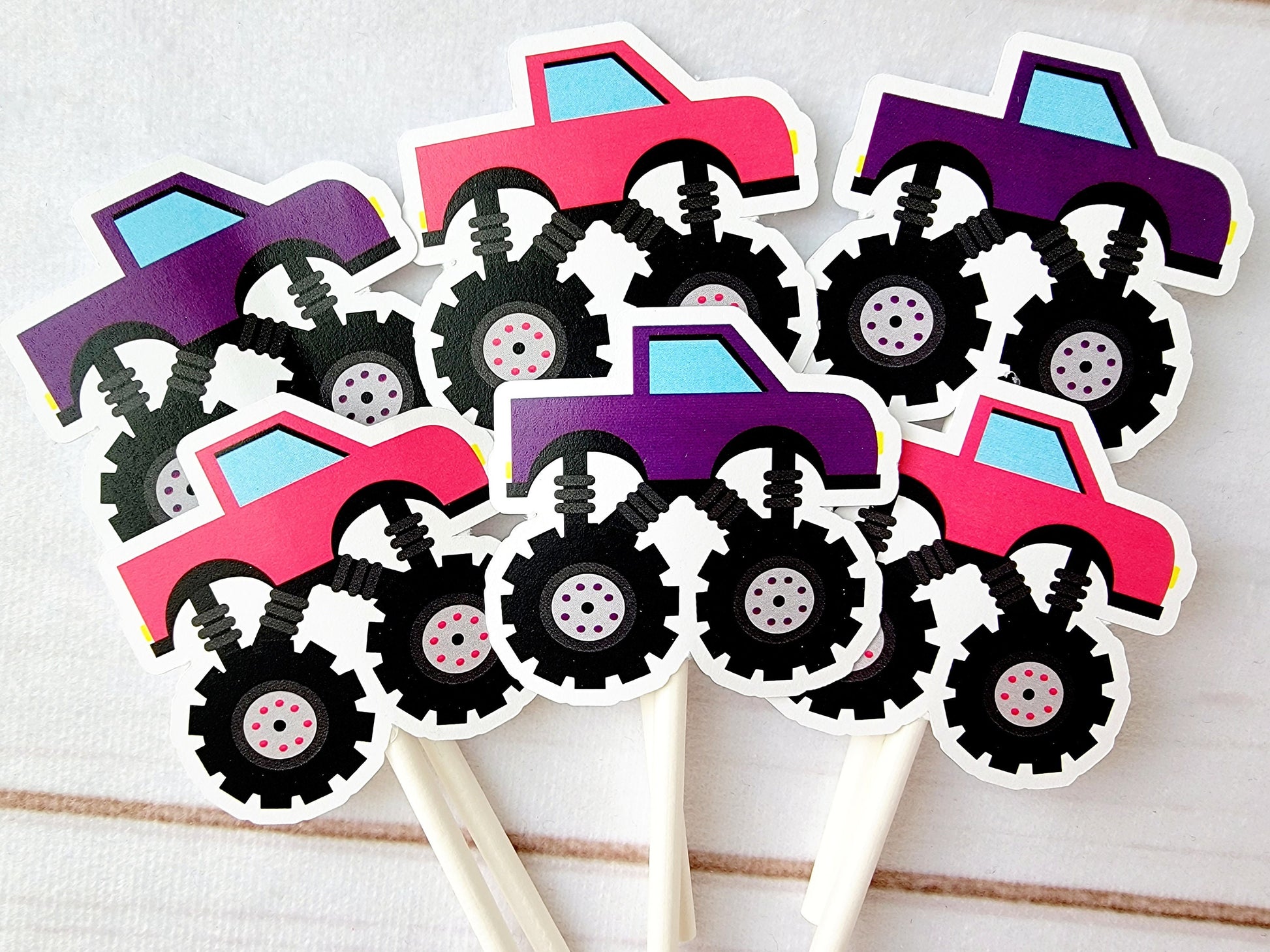Monster Truck Cupcake Toppers, Monster Truck Cake Toppers, Monster Truck Birthday, Pink and Purple Monster Trucks - 513211120A