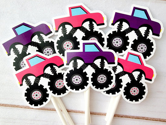 Monster Truck Cupcake Toppers, Monster Truck Cake Toppers, Monster Truck Birthday, Pink and Purple Monster Trucks - 513211120A