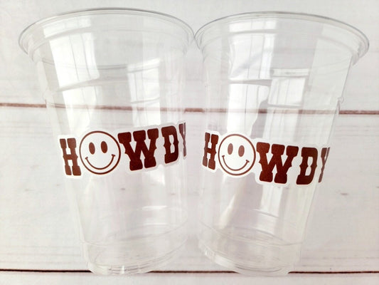 Howdy COWBOY PARTY CUPS Cowboy Cups Cowboy Party Decorations Cowgirl Bachelorette Party Cowboy Hat Birthday Rodeo Party Cups Happy Face Cup