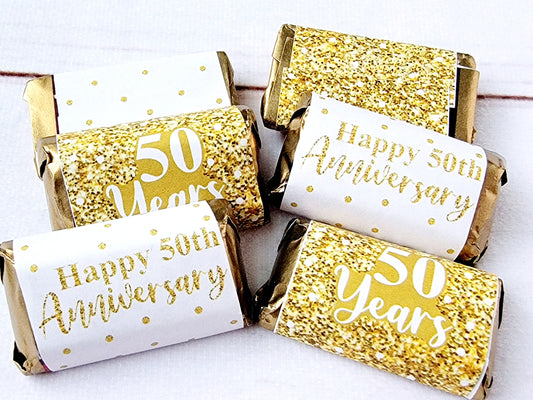 30 - 50th ANNIVERSARY PARTY Stickers 50th Anniversary Decorations Golden Wedding Anniversary Favors 50th Anniversary Mini Candy Bar Wrapper