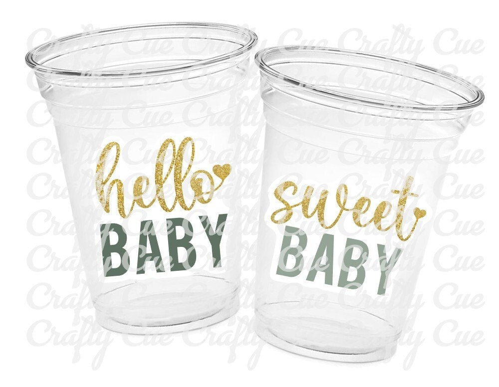 GREEN AND GOLD Baby Shower Cups Hello Baby Sweet Baby Shower Favor Green Gold Gender Neutral Baby Shower Favors Green Baby Shower Favor Cups