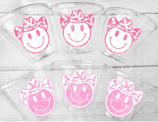 COWGIRL PARTY CUPS - Cowgirl Cups Cowgirl Party Decorations Cowgirl Bachelorette Cow Print Hat Happy Face Cups Cowgirl Rodeo Party Cups