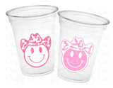 COWGIRL PARTY CUPS - Cowgirl Cups Cowgirl Party Decorations Cowgirl Bachelorette Cow Print Hat Happy Face Cups Cowgirl Rodeo Party Cups