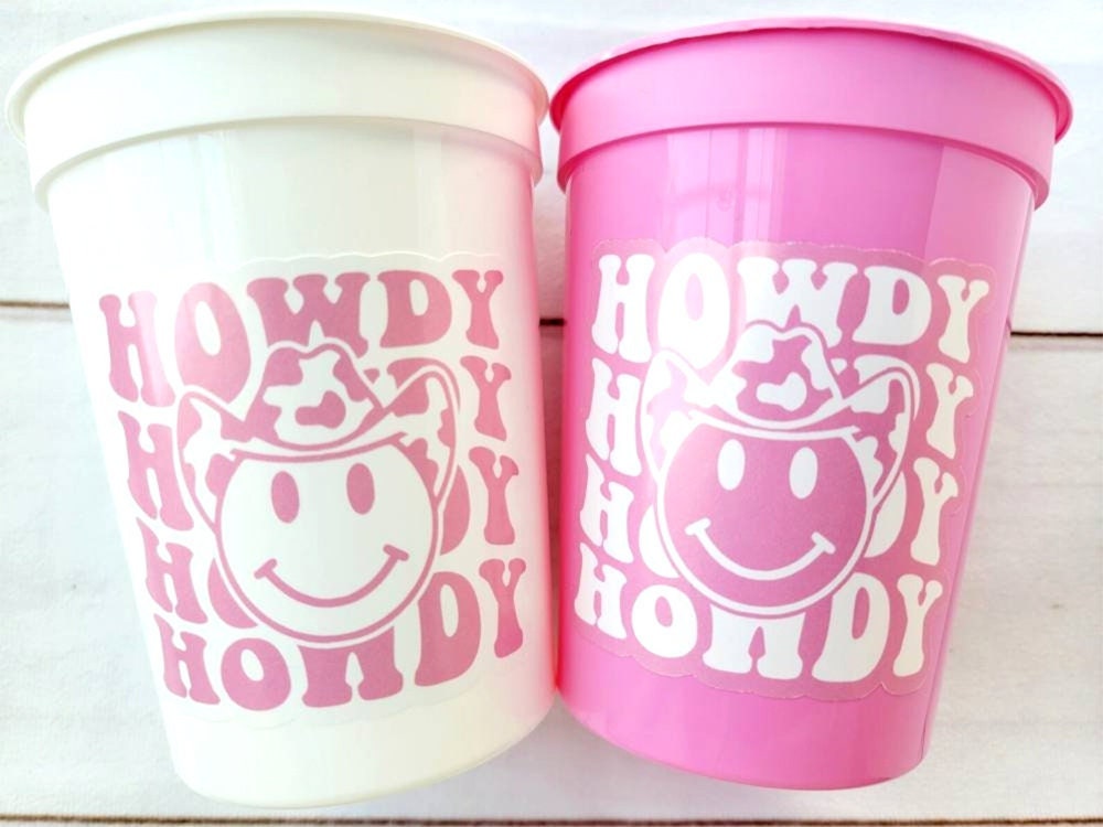 COWGIRL Happy FACE Cups Cowgirl Cups Cowgirl Party Favor Cowgirl Bachelorette Party Cowgirl Birthday Rodeo Party Cow Print Hat Cups Disco