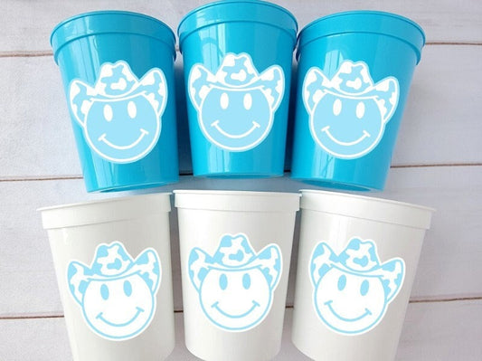 COWBOY Happy FACE Cups Cowboy Cups Cowboy Party Favor Cowgirl Bachelorette Party Cowboy Birthday Rodeo Party Cow Print Hat Cups Disco