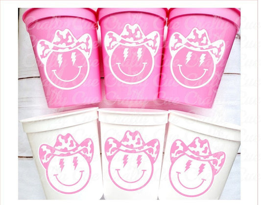 COWGIRL Happy FACE Cups Cowgirl Cups Cowgirl Party Favor Cowgirl Bachelorette Party Cowgirl Birthday Rodeo Party Cow Print Hat Cups Disco