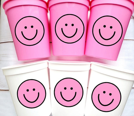 HAPPY FACE CUPS - One Happy 1st Birthday Happy Happy Face First Birthday Happy Happy Face Cups Happy Face Favors Pink Happy Face Cups