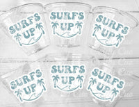 Surf Birthday Cups, The Big One Cups, 1st Birthday Party Cups, Surf Birthday Party Favors, Surfing Party Cups Surfs Up, Surfer, Catch A Wave