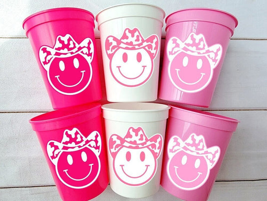 COWGIRL Happy FACE Cups Cowgirl Cups Cowgirl Party Favor Cowgirl Bachelorette Party Cowgirl Birthday Rodeo Party Cow Print Hat Cups Disco