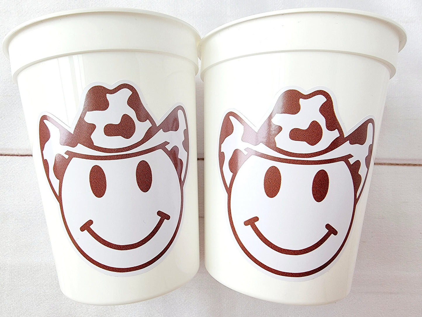 Brown COWBOY HAPPY FACE Cups Cowboy Cups Cowboy Party Favor Cowgirl Bachelorette Party Cowboy Birthday Rodeo Party Cow Print Hat Cups Disco