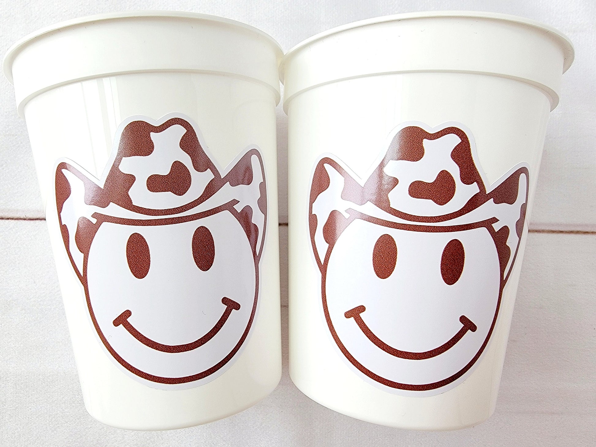Brown COWBOY HAPPY FACE Cups Cowboy Cups Cowboy Party Favor Cowgirl Bachelorette Party Cowboy Birthday Rodeo Party Cow Print Hat Cups Disco