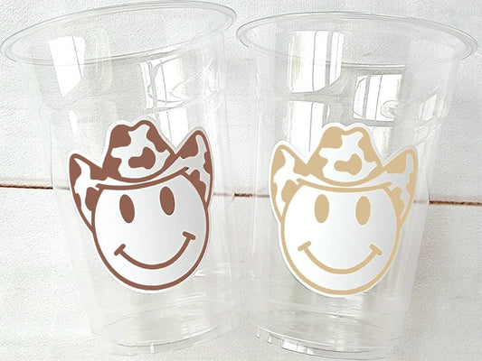 Brown COWBOY PARTY CUPS - Cowboy Cups Cowboy Party Decorations Cowgirl Bachelorette Cow Print Hat Happy Face Cups Cowboy Rodeo Party Cups