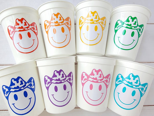 COWGIRL Happy FACE Cups Cowgirl Cups Cowgirl Party Favor Cowgirl Bachelorette Party Cowgirl Birthday Rodeo Party Cow Print Hat Cups Disco