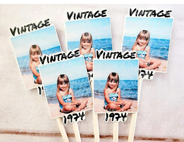 Custom Year Birthday Cupcake Toppers, Personalized 50th Birthday Cupcake Toppers, Vintage 1974, Birthday Decorations, Photo Cupcake Toppers