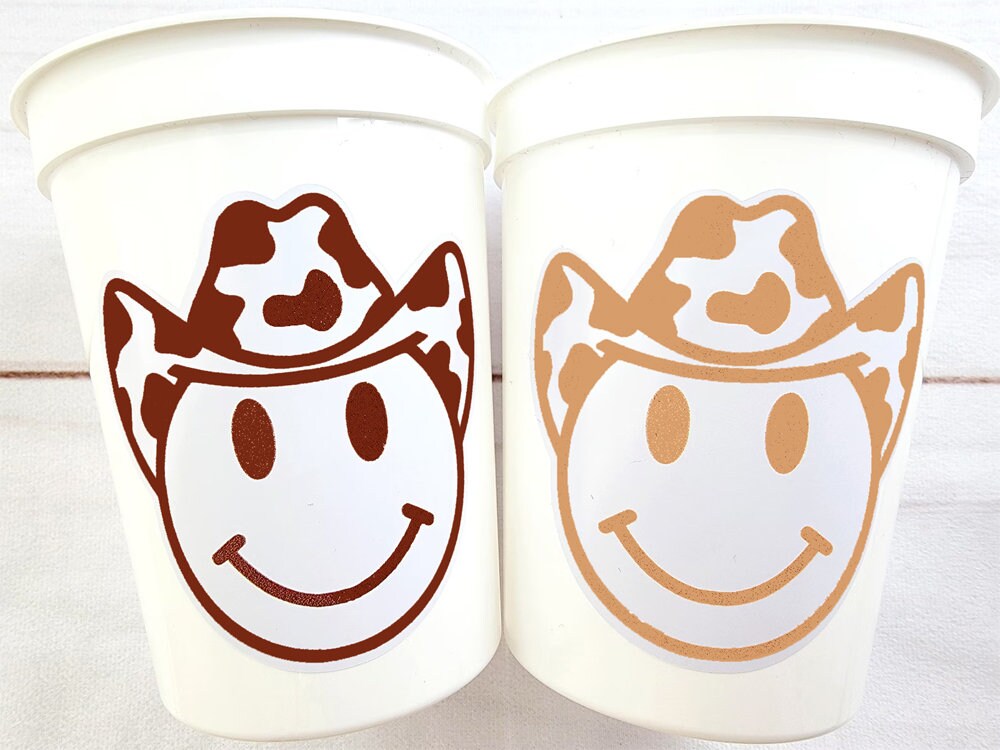 Brown COWBOY HAPPY FACE Cups Cowboy Cups Cowboy Party Favor Cowgirl Bachelorette Party Cowboy Birthday Rodeo Party Cow Print Hat Cups Disco