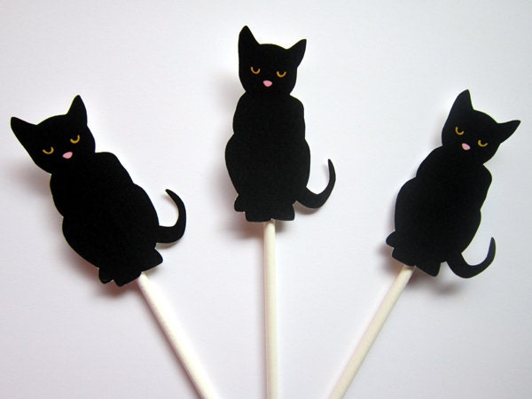Black Cat Cupcake Toppers, Halloween Cupcake Toppers, Halloween Party Decorations, Halloween Cake Toppers, Black Cat Party Supplies 9320951A