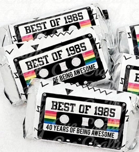 30 - 40th Birthday Cassette Tape Stickers 40th Birthday Stickers or Mini Candy Bar Wrapper Vintage 40th Birthday Best of 1985 Birthday