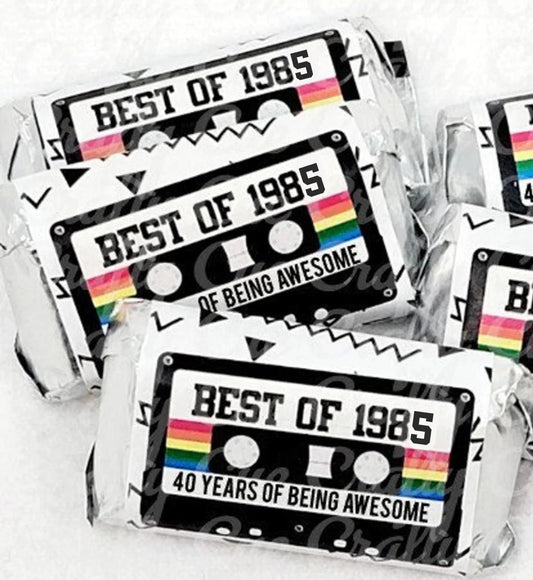 Best of 1985,1985 Party Favors,1985 Stickers,1985 Birthday,1985 Birthday Party,Cassette Tape,Cassette Tape Party,Vintage 1985,1985 Candy Stickers,Vintage 1985 Sticker,Candy Wrappers,1985 Party,1985 Birthday Favors