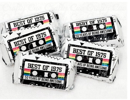 30 - 50th Birthday Cassette Tape Stickers 50th Birthday Stickers For Mini Candy Bar Wrapper Vintage 50th Birthday Best of 1975 Birthday