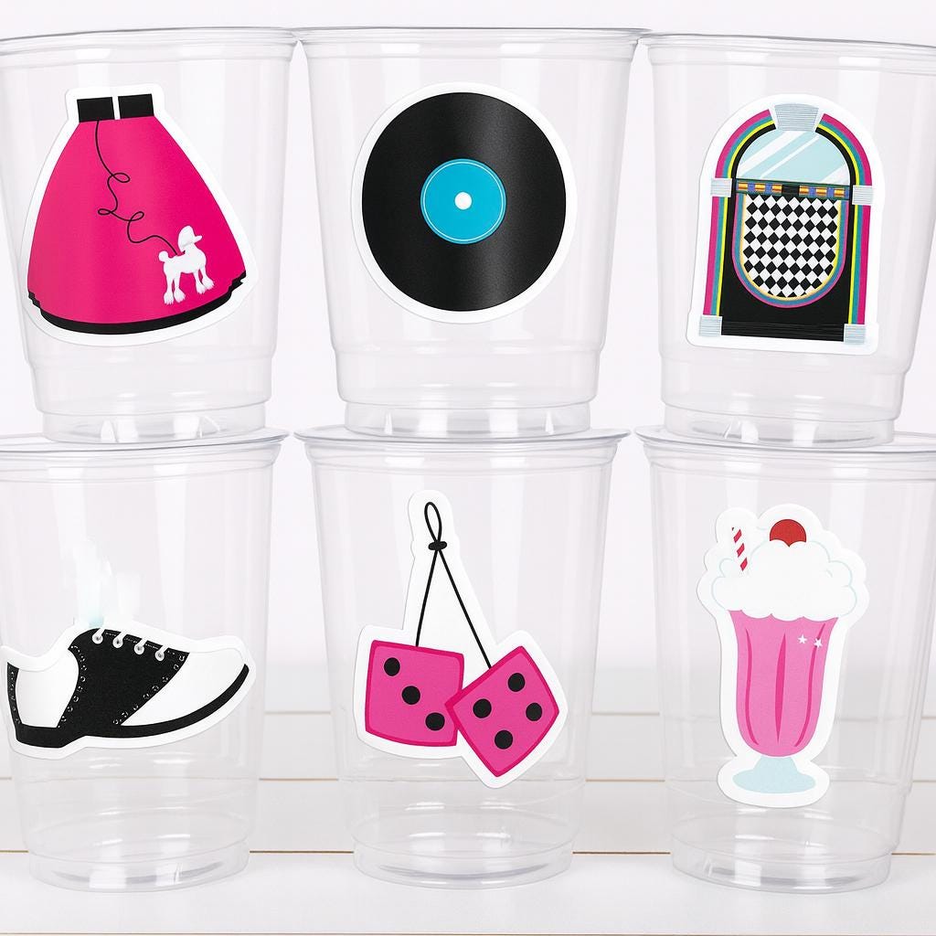 50'S PARTY CUPS - 50's Birthday Cups 50's Party Cups 50's Decorations 50's Birthday Party 50's Birthday Party Decorations 50's Sock Hop