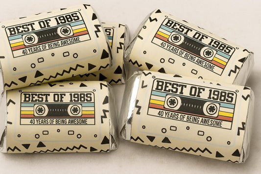 30 - Tan 40th Birthday Cassette Tape Stickers 40th Birthday Stickers or Mini Candy Bar Wrapper Vintage 40th Birthday Best of 1985 Birthday