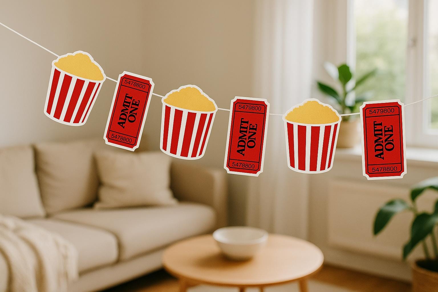 Movie Party Garland, Movie Party Banner, Popcorn and Movie Ticket Garland Banner, Popcorn Garland, Photo Prop