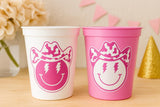 COWGIRL HAPPY FACE Cups Cowgirl Cups Cowgirl Party Favor Cowgirl Bachelorette Party Cowgirl Birthday Rodeo Party Cow Print Hat Cups Disco