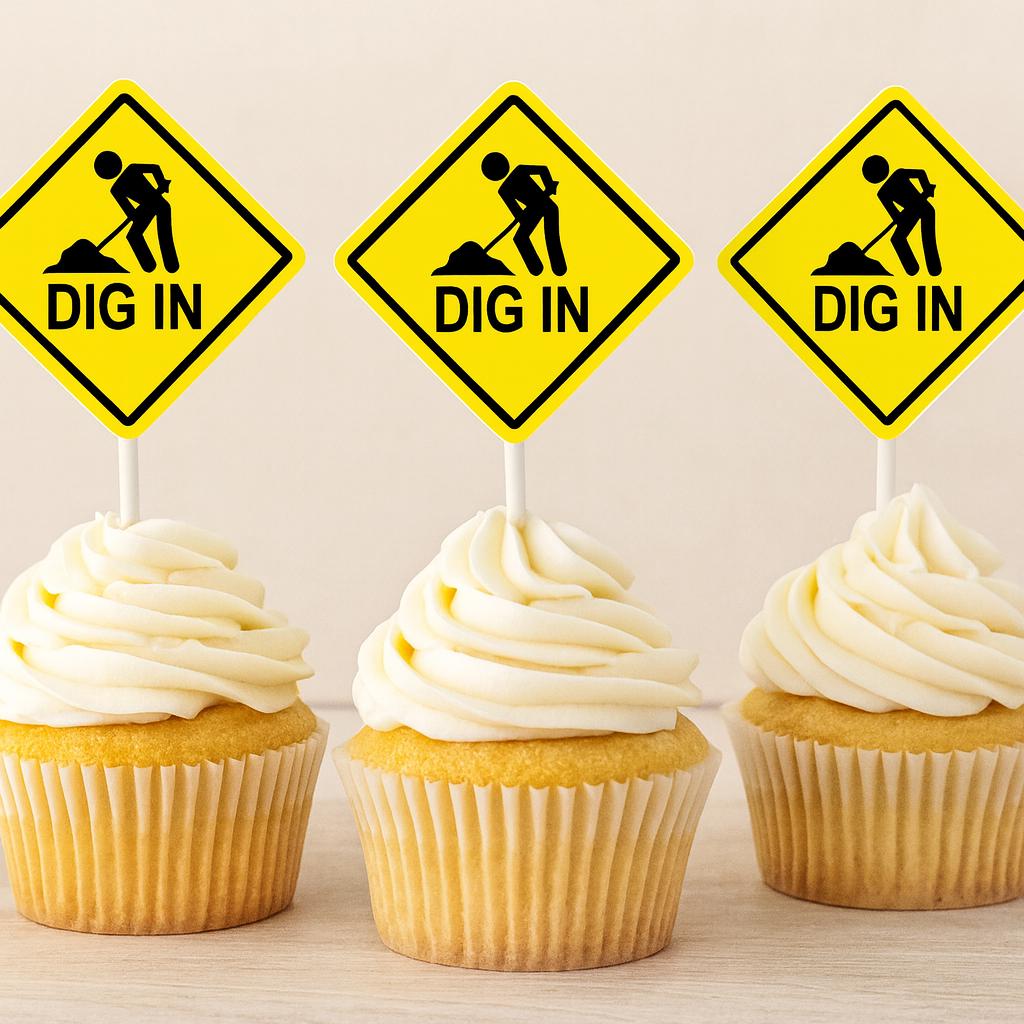 Dig In Cupcake Toppers, Construction Cupcake Toppers, Construction Party Cupcake Toppers, Construction Sign Cupcake Toppers - 920171254P