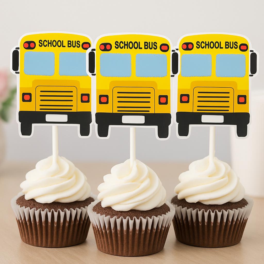 School Bus Cupcake Toppers, School Birthday Decorations, School Party Decorations, School Bus Birthday, School Bus Cake Toppers, Bus Picks