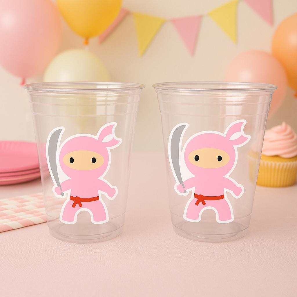 Ninja Party Cups, Girl Ninja Cups, Ninja Birthday Party Supplies, Ninja Party Decorations, Pink Ninja Cups, Ninja Party Favors, Ninja Cups