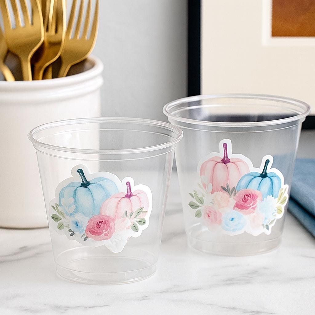 GENDER REVEAL PUMPKIN Party Cups Gender Reveal Baby Shower He or She Cup Pink and Blue Gender Reveal Decoration Little Pumpkin Gender Reveal