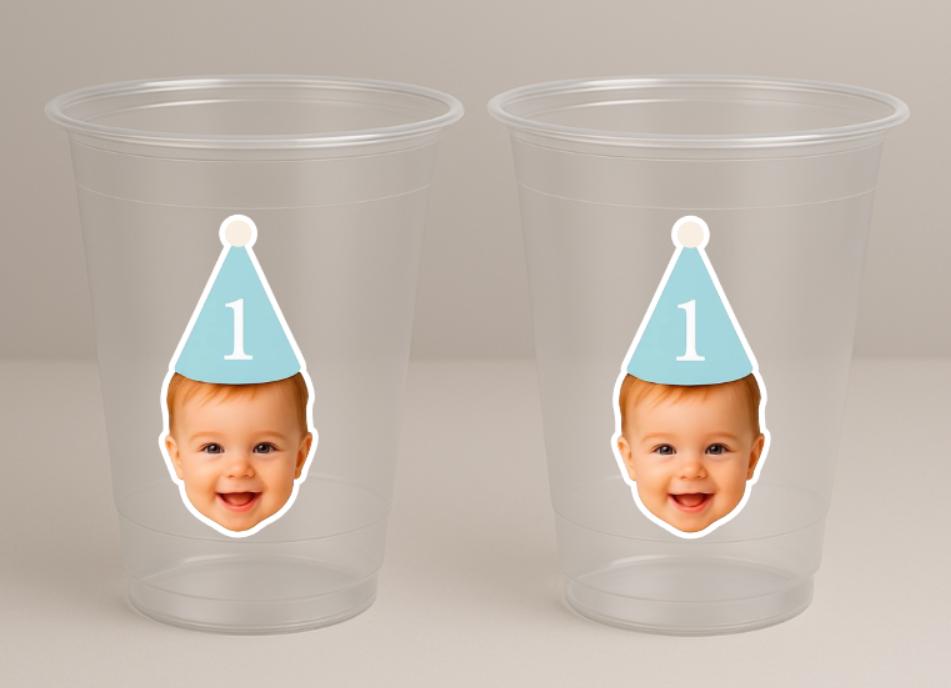 Custom Baby Face 1st Birthday Cups | Personalized Plastic Party Cups with Photo & Hat | First Birthday Favors | Pink or Blue | Decorations