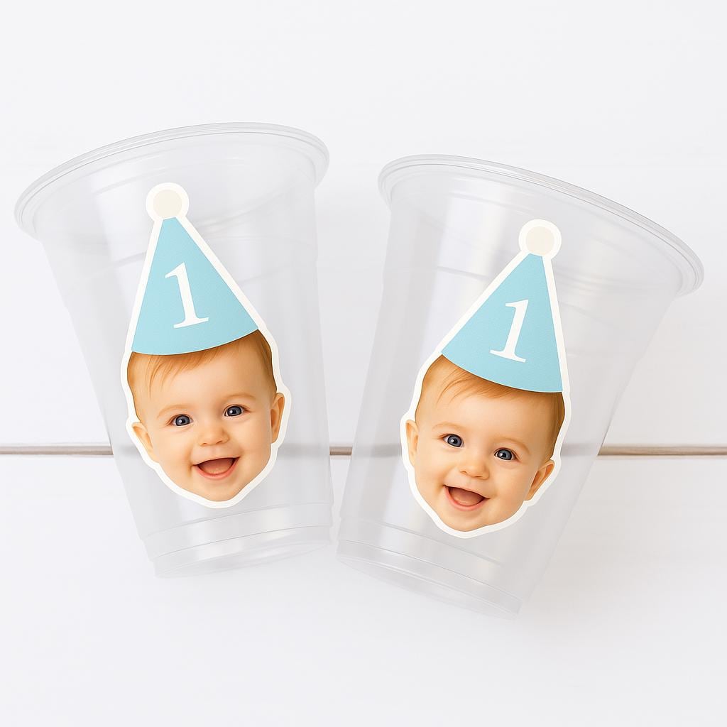 Custom photo party cup for baby’s first birthday. Personalized with your child’s face and age hat in pastel pink or blue. Unique party favor idea.

Custom Baby Face 1st Birthday Cups | Personalized Plastic Party Cups with Photo & Hat | First Birthday Favors | Pink or Blue | Decorations