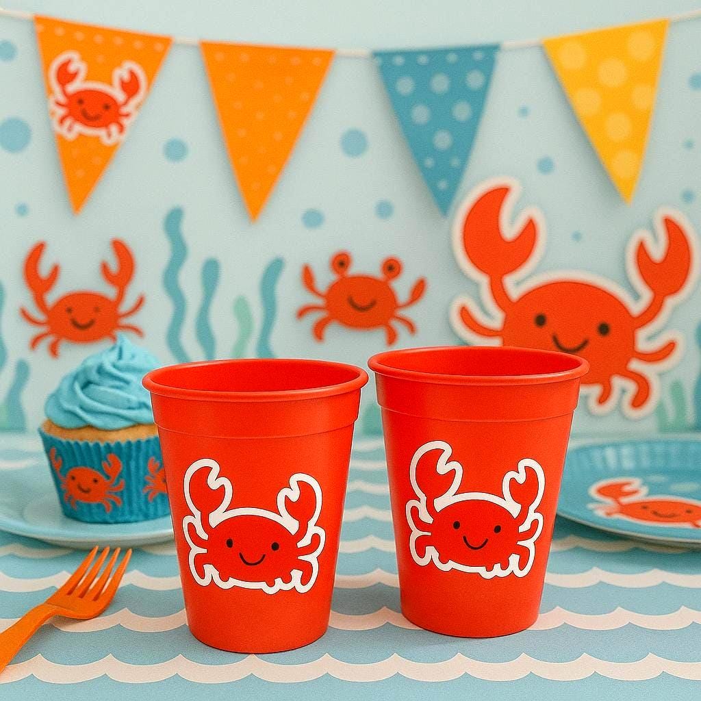 Personalized crab party cups for under the sea birthdays, beach parties, baby showers, and ocean-themed celebrations