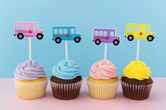 School Bus Cupcake Toppers, Pink School Bus, Blue School Bus, Cake Toppers, Bus Birthday Party Decorations, Bus Party Supplies, School Party