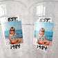 Personalized plastic cup with custom face and vintage year design. Birthday party decoration and unique celebration favor.