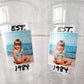 Personalized plastic cup with custom face and vintage year design. Birthday party decoration and unique celebration favor.