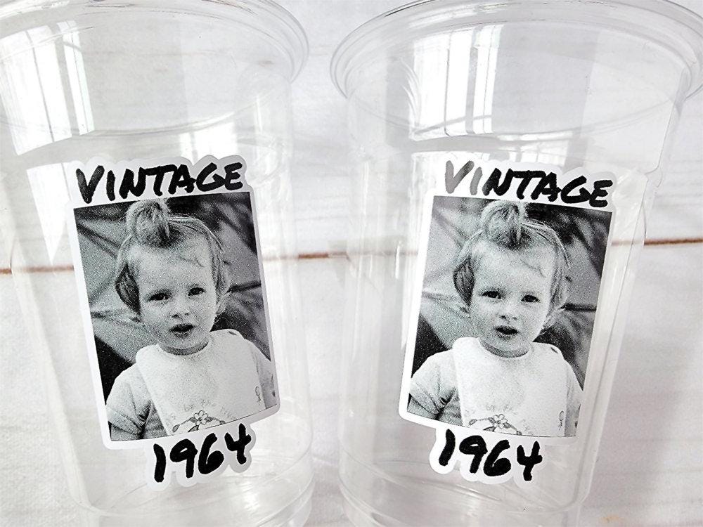 Personalized 16oz plastic party cup with custom photo and text. Clear face cup ideal for birthdays, graduations, weddings, and party favors.