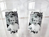 Personalized 16oz plastic party cup with custom photo and text. Clear face cup ideal for birthdays, graduations, weddings, and party favors.